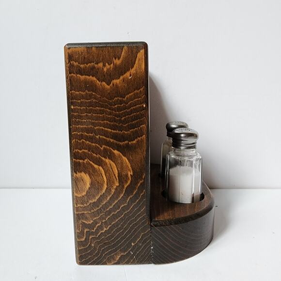 Vintage Wooden Napkin Salt Pepper Holder Picnic Rustic Shakers Dark Retro - Picture 4 of 9